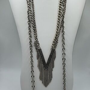 Set of two silver tone chunky chain link statement necklaces tassels